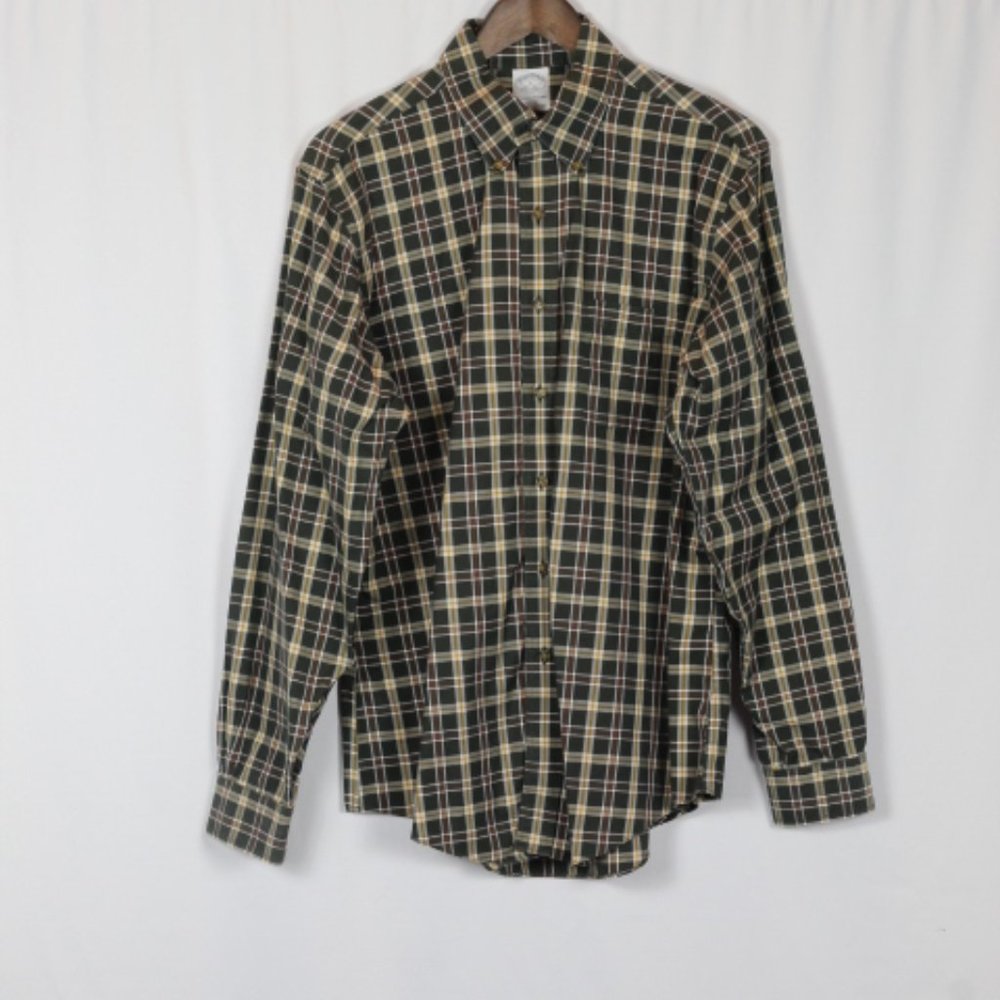 Brooks Brothers Plaid Check Brown Men's Long Sleeve Dress Shirt Button Down 014